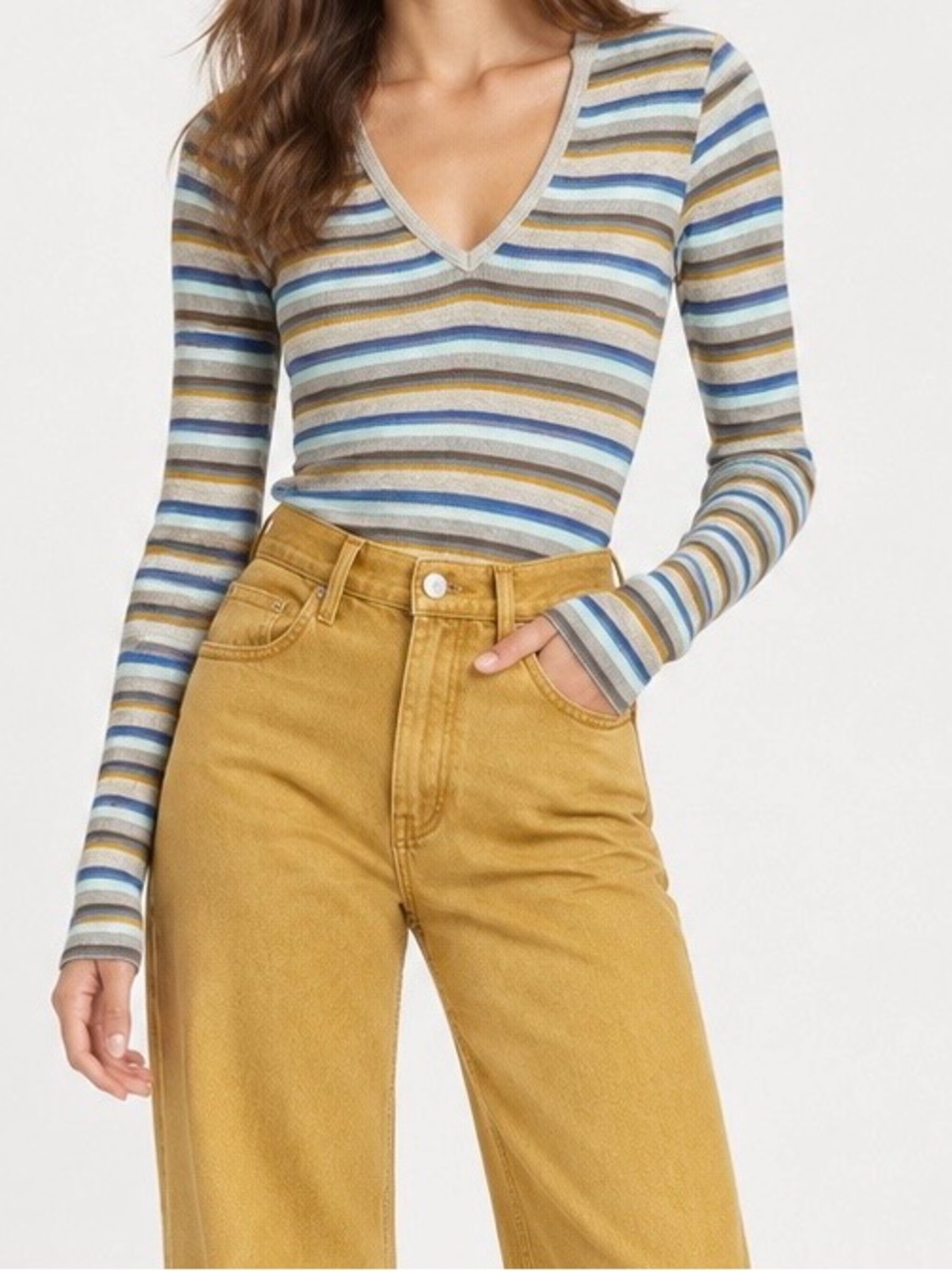 Vince Striped Blue Gray Ribbed Knit Stretch V-Neck Long Sleeve Pullover Top M